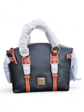 Dooney & Bourke Black Pebbled Satchel with Tan Trim